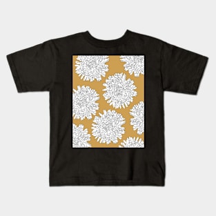 The beautiful flowerpattern with White lineart dahlias on ochre background Kids T-Shirt